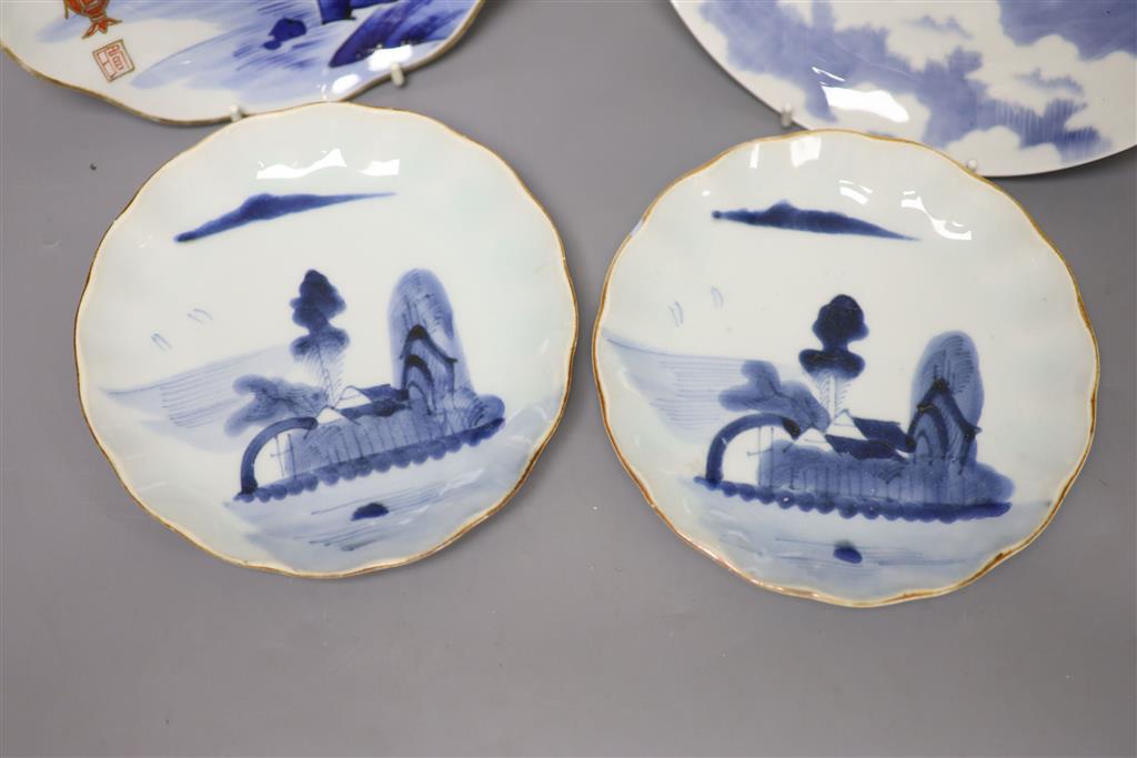 Four Japanese blue and white dishes, including a pair late Edo, largest diameter 21cm